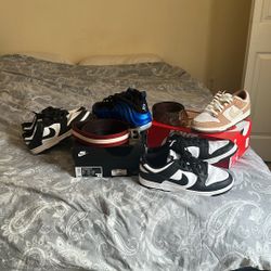 Nike Dunk Low Black & White (Panda Style)  Nike Dunk Low Brown/Tan Nike Air Foamposite black And Blue, Gucci Belt & Bally Belt