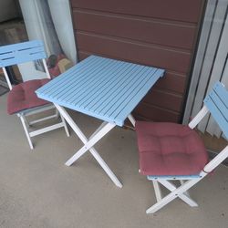 3-Piece Folding Patio Bistro Set – Blue & White Wood with Red Cushions