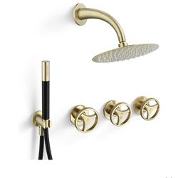 SKOWLL Rainfall Shower Faucet Set 3 Handle Shower Fixtures System Wall Mount 10 Inch Bathroom Shower Head Kit with 2 Function Shower Valve, Brushed Go