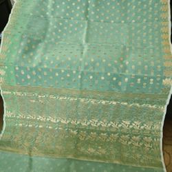 Beautiful New Apple Green Color Semi Chanderi Saree With Zari Border & Matching Brocade Blouse