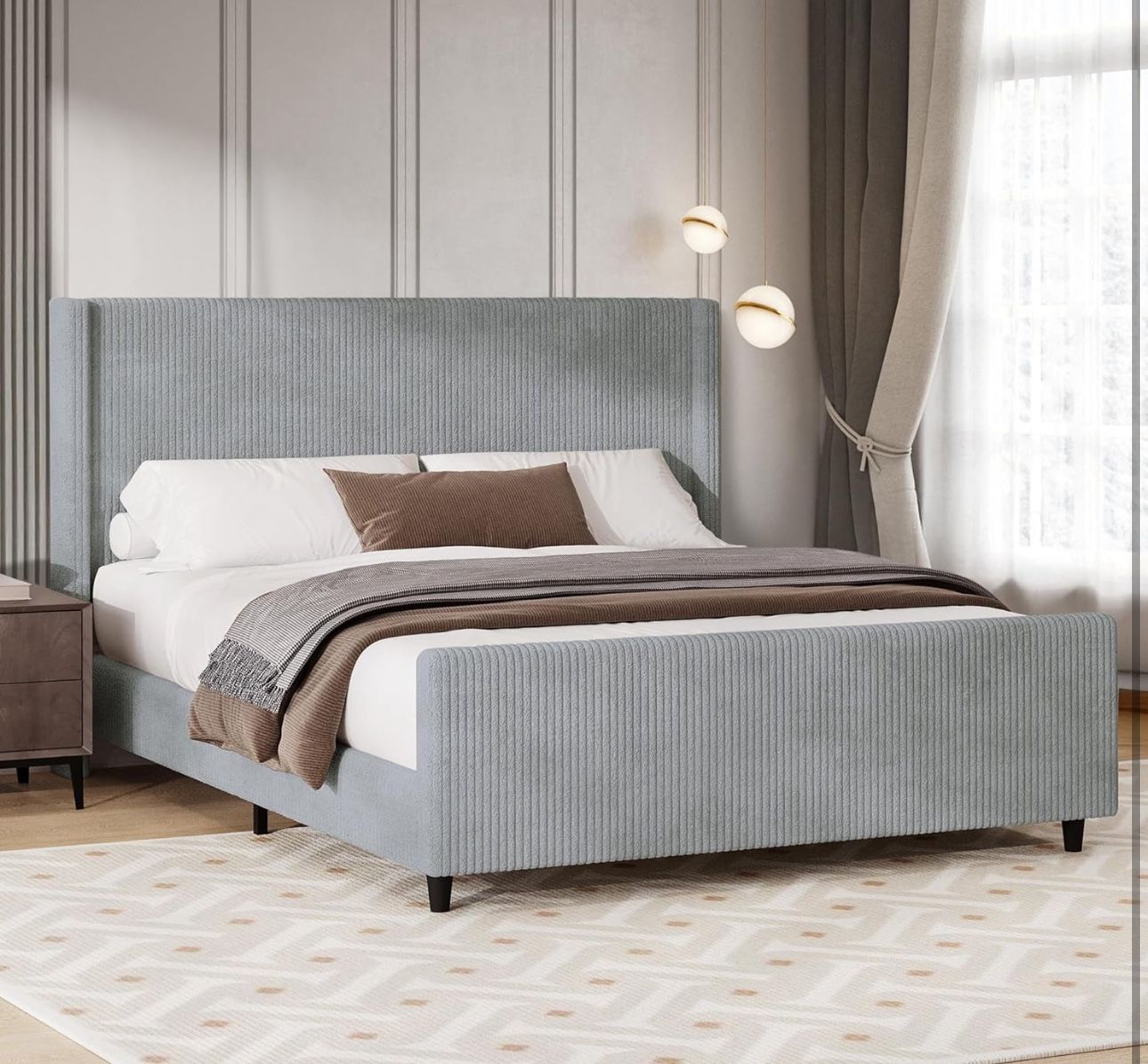 King Size Bed Frame with Hight Headboard and Footboard, Corduroy Upholstered Platform Bed Frame