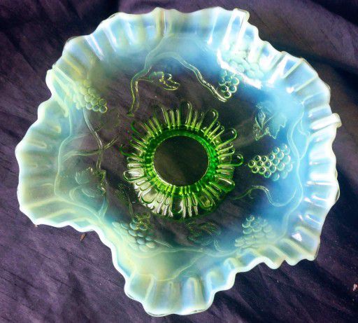 Vintage Green Opalescent Depeession Glass Open Candy Bowl