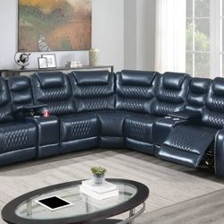 🔥🔥Brand New Navy Blue Leather Reclining Sectional Sofa🔥🔥
