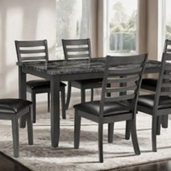 Brand New Dark Grey 7pc Dining Table Set w Marble Top 