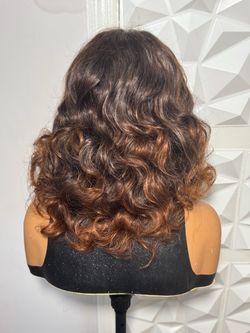 14 Inch Curly 5x5 Free Part Lace Closure Blend Wig – 4/350 Dark Brown with Copper Highlights