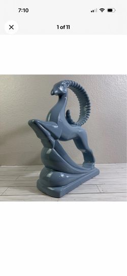 Vintage 1989 Haeger Pottery Ram Figurine Blue Art Deco Sculpture 19" Tall