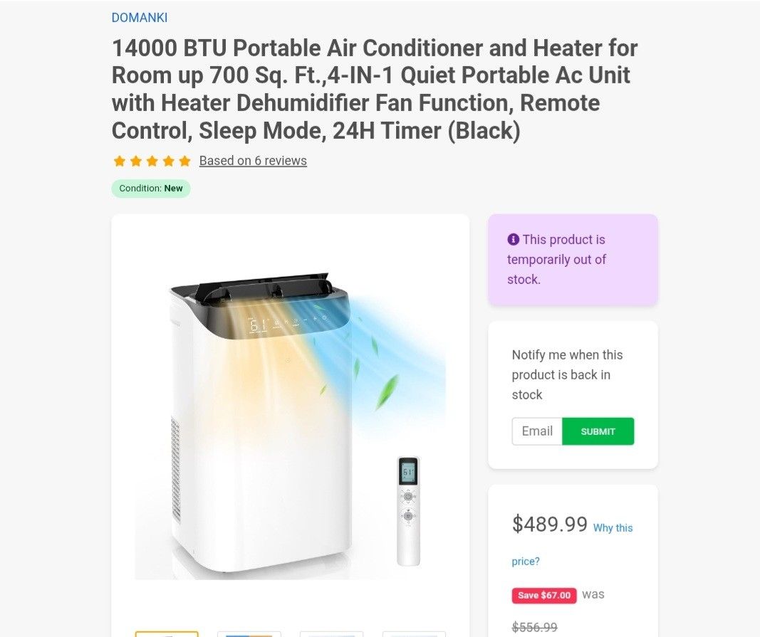 14000 BTU Portable AC/Heater And Dehumidifier NIB