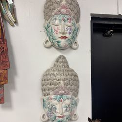 Pair of  Vintage Thailand Hand Made Carved Wood Painted Woman’s Faces