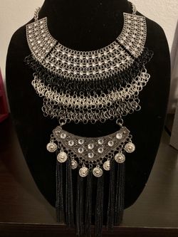 SILVER & BLACK long Statement Necklace