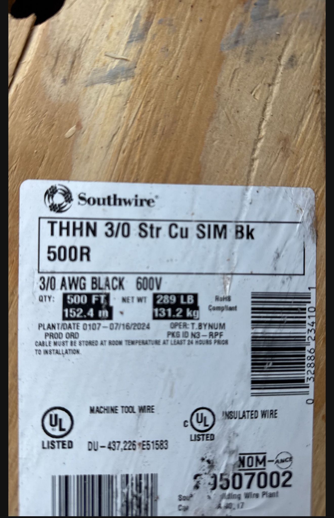 500 Ft 3/0 200 Amp Copper THHN Wire BRAND NEW WRAPPED SPOOL