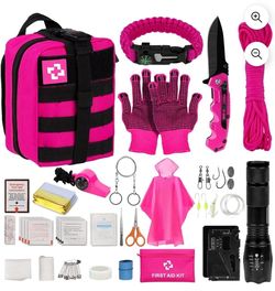 Pink Emergency Survival and First Aid Kit, Self-Defense Gear with Molle Pouch 