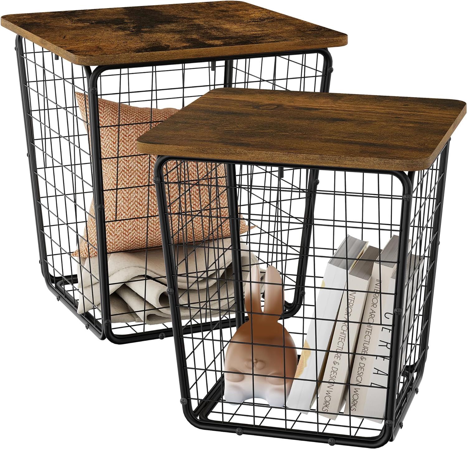 Nesting Coffee Table with Storage - Set of 2 Side with Wire Basket Industrial Farmhouse Style End Tables for Living Room Bedroom Balcony Office Nights