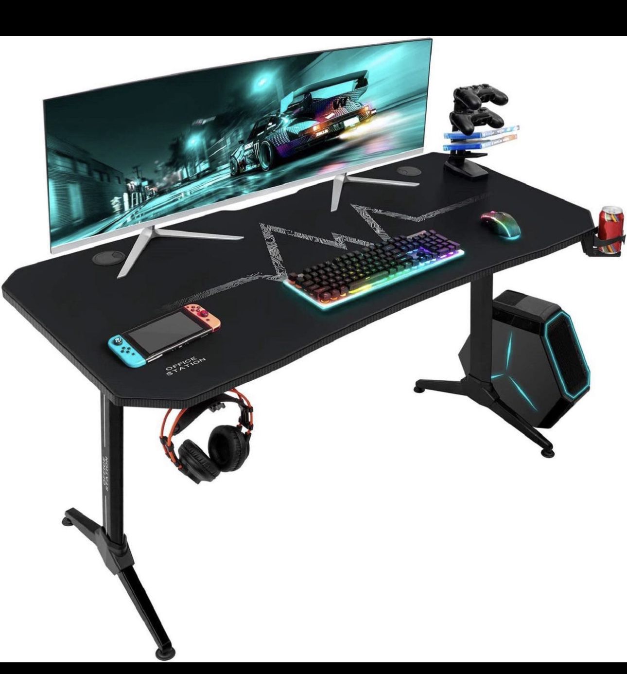 55 Inch Gaming Desk Racing Style PC Computer Desk Y-shaped Table Home Office Desk with Large Carbon Fiber Surface, Free Mouse Pad, Headphone Hook, Gam