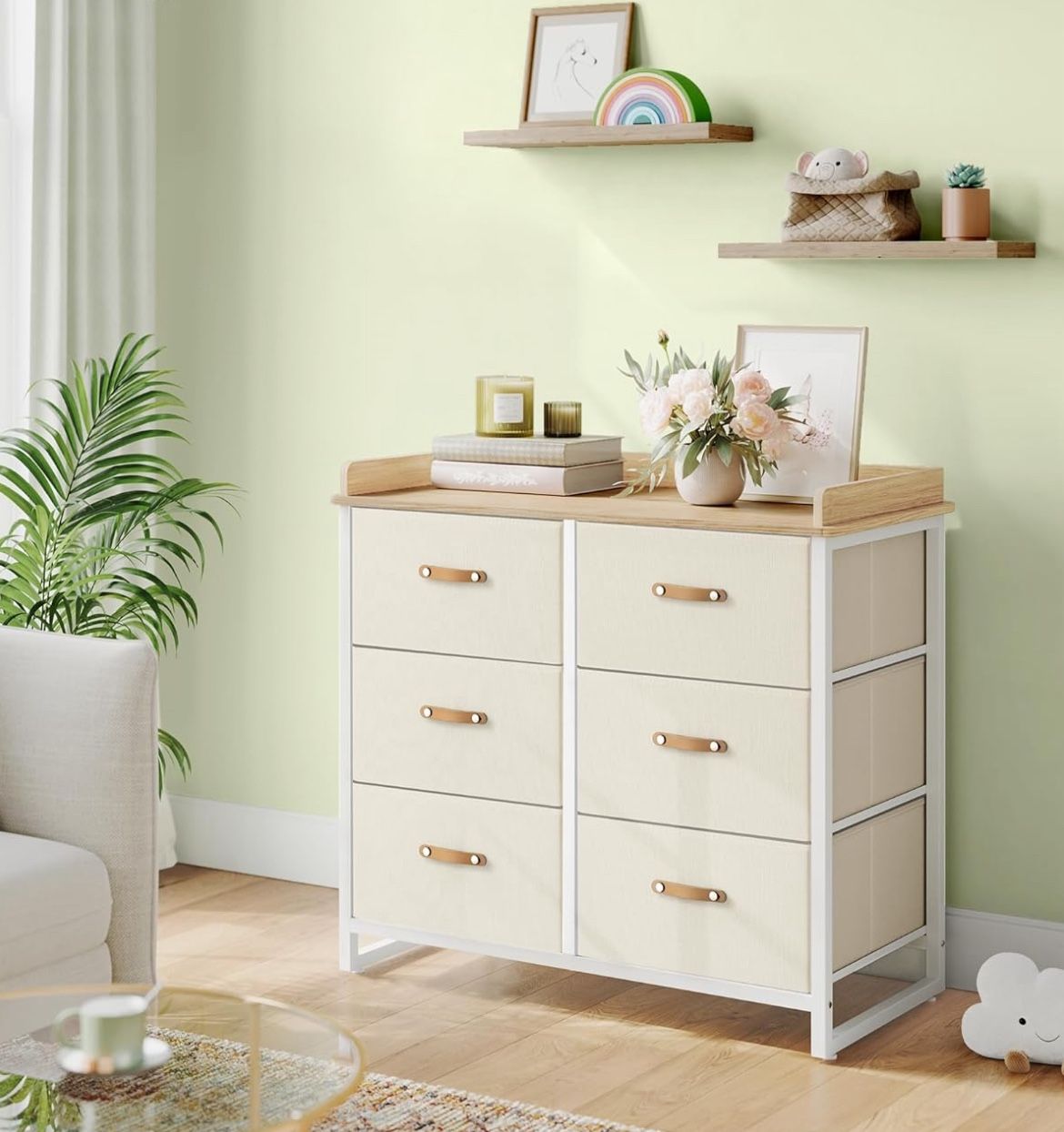 Kids Dresser with 6 Drawers, Boys Girls Dresser, with Water-Resistant Tabletop, Storage Organizer Cabinet, for Bedroom Hallway, Beige UGKR101K01