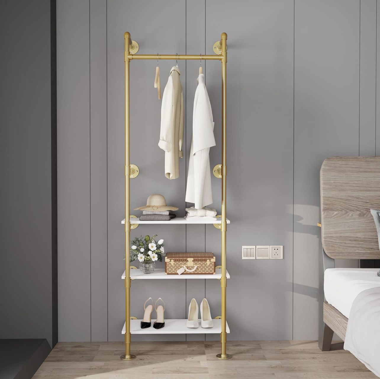 Wall Mounted Gold Clothes Rack: Gold Pipe Clothing Rack with 3 White Shelves - Hanging Clothes Retail Display Rack Garment Rack, 23.8x70x10.6inch