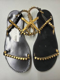 Valentino Garavani Rockstud Flat Sandals, Black and Gold, EU 38