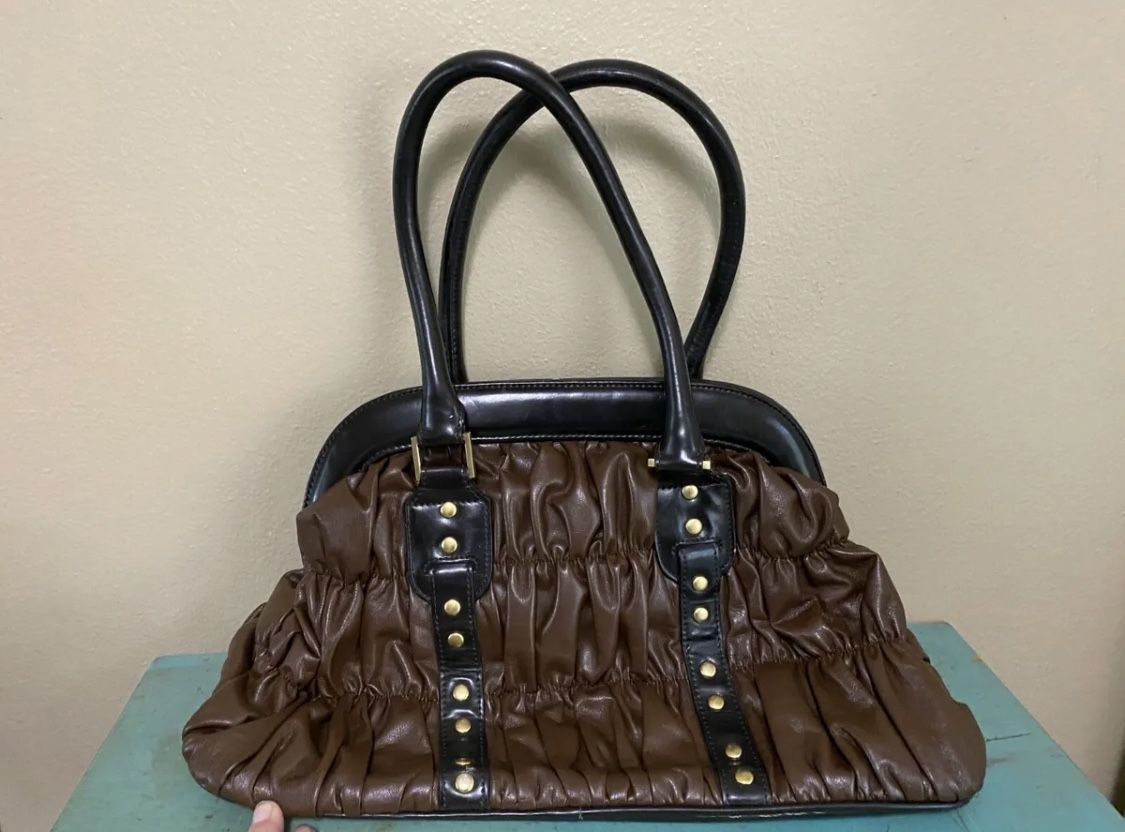 CACHE Black Brown Gathered Hobo Bag Gold Studded Magnetic Clasp Tote Purse Boho 