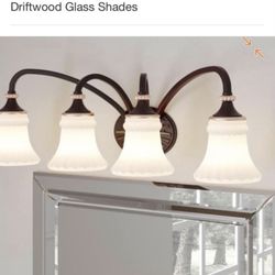 5 star beautiful…… Hampton Bay Reims 4-Light Berre Walnut Vanity Light with Toned Driftwood Glass Shades Home Depot price $120 plus tax $130  and I ha