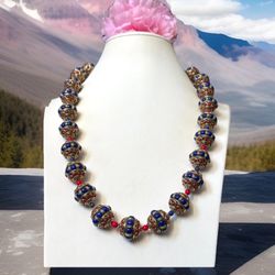 Chunky & Heavy Ethnic Tibetan Silver Beads With coral & lapis Stones Handmade Necklace 23”inch long