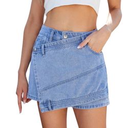 Rave Y2K Street Vintage Overlap Waist Wrap Solid Asymmetrical Hem A-Line Stretchy Skinny Cargo Denim Mini Skorts Music Festival Outfits. Size: L