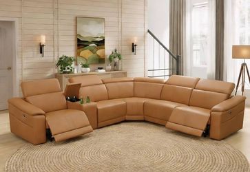 Power electric Carmel brown leather fully reclining sectional couch