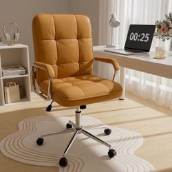 Brown Office Chair, Mid Back Leather Desk Chair with Wheels Padded Arms, Swivel Vanity Chair for Bedroom, Computer Chair for Study and Work
