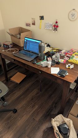 Desk, desk chair, mattress/frame, and coffee table