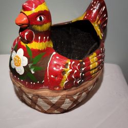 Mexican Talavera Folk Art Clay Pottery Hen Planter
