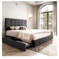 Dark Grey Queen Bed with 4 Storage Drawers and Headboard 