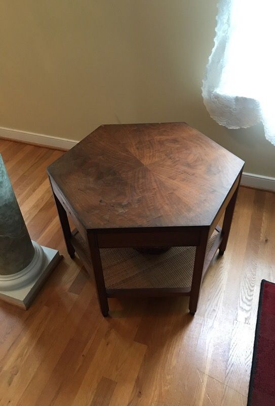 Six sided end table with drawer and bottom shelf