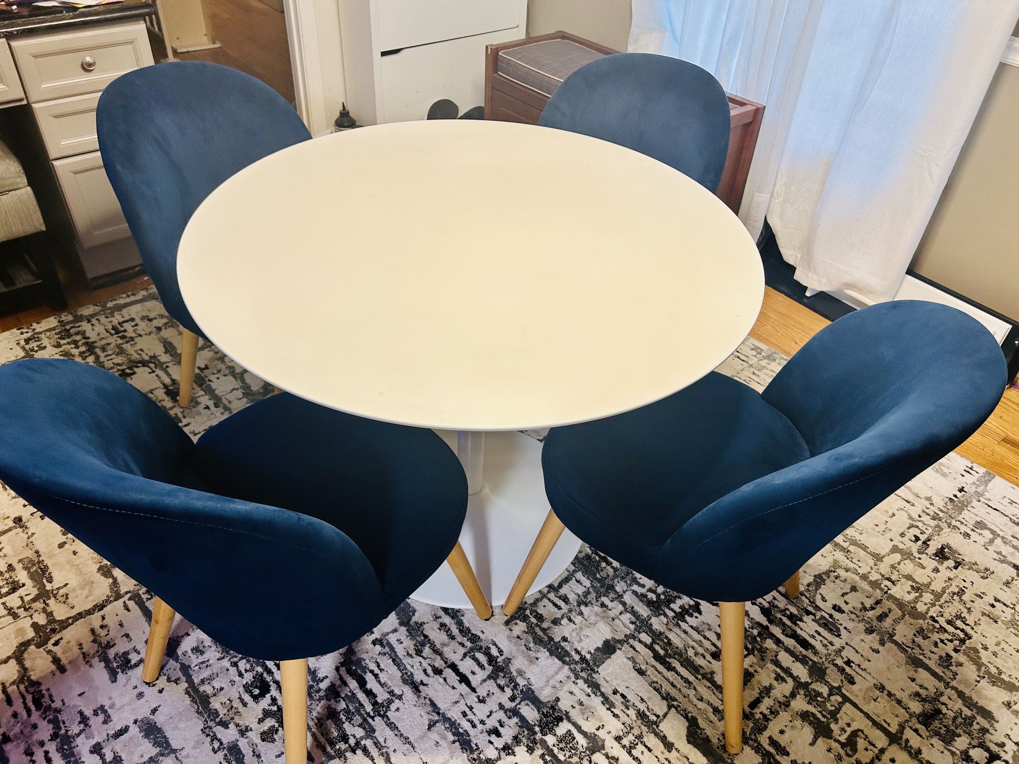 CB2 Mid Century Style Dining Table & 4 Velvet Chairs