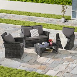 4 Pieces Outdoor Patio Furniture Sets Garden Rattan Chair Wicker Set, Poolside Lawn Chairs with Tempered Glass Coffee Table Porch Furniture