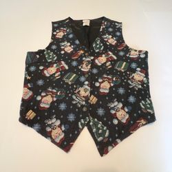 Bobbie Brooks Women's Christmas Santa Tapestry Vest Navy Blue Medium
