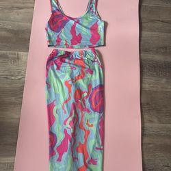 2-Piece Tropical Skirt Set – Crop Top & Ruched Midi Skirt – Size (S)