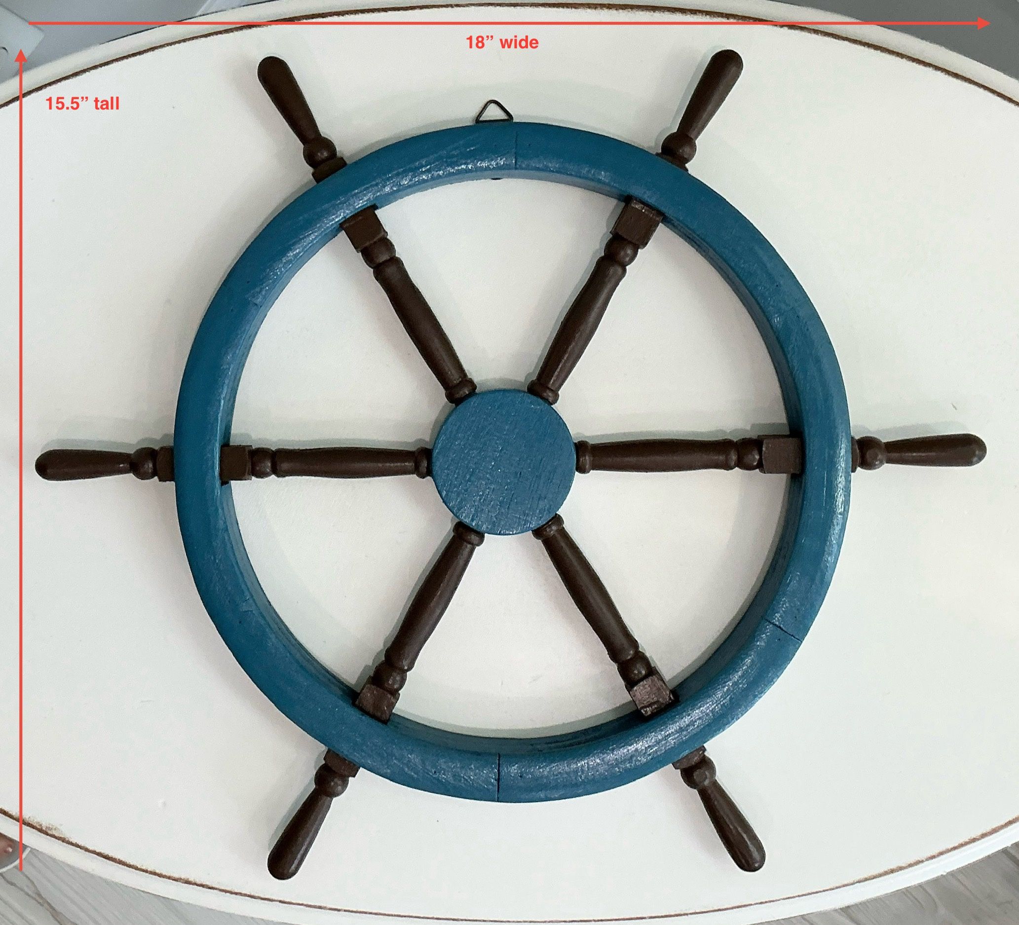 Freshly Painted Coastal Blue & Espresso Wood Hanging Ship’s Wheel