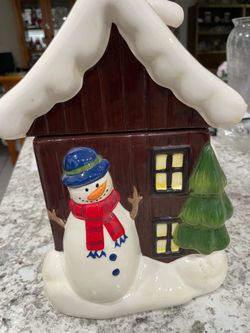 Ceramic Christmas Snowman House Cookie Jar