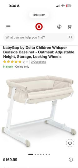 babyGap by Delta Children Whisper Bedside Bassinet - Oatmeal: Adjustable Height, Storage
