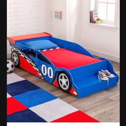 Wooden Kids Bed Racecar Toddler Bed Built-in Bench & Bed Rails Red & Blue