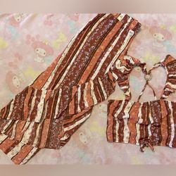 floral brown and ivory striped skirt and top set (NEW) 