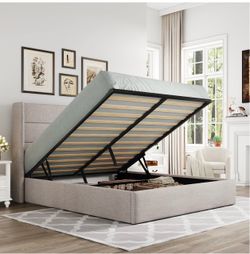 Allewie Full Size Lift Up Hydraulic Storage Bed Frame Light Beige