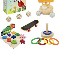 Bird Toys for Parakeets,5pcs Parrot Toys Set （Include Bird Basketball Toy、Bird Skateboard、Bird Stacking Toy、Parrot Wooden Block Puzzles Toy、Small Sepa