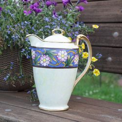 Noritake Chocolate Pot Lusterware | Early 1920's Vintage Chocolatière | Rare Blue Band Floral Pattern