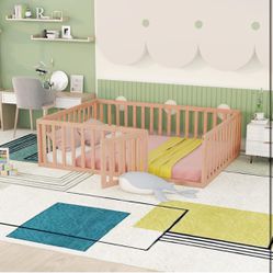 Full Size Floor Bed Frame for Toddler Wood Montessori Floor Beds with Fence Railings for Kids, open box G-18