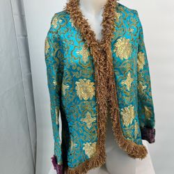 Vintage Fairy Core Y2K  Jacket Fringe whimsical  Bows Turquoise Brocade The Find