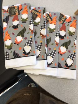 Fall Themed Gnome Kitchen Towels Four (4) New