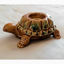 Vtg Ceramic Brown Turtle Votive Tapered Candle Holder