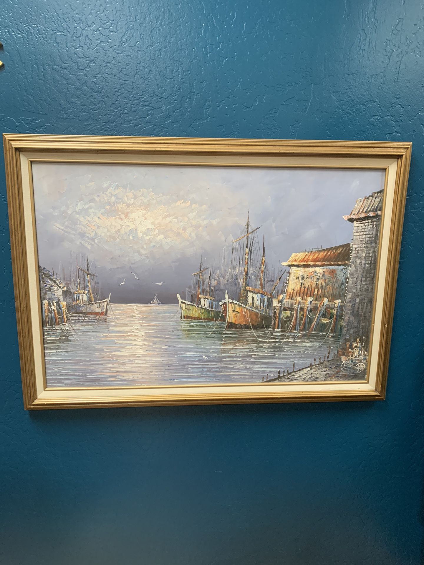 Large Pastel Color Boats At Dock Oil On Canvas Painting