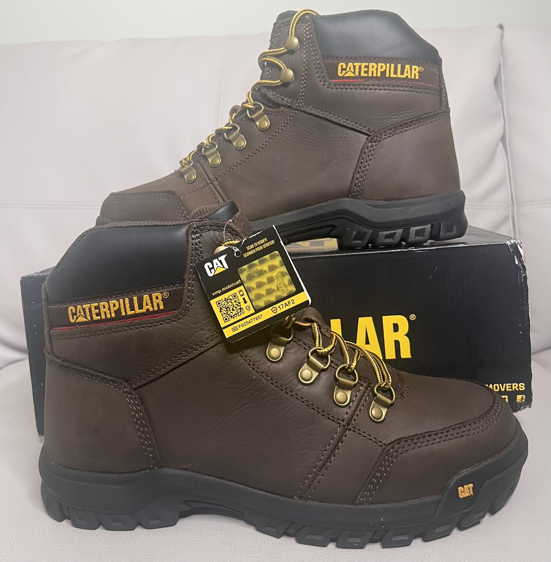 Caterpillar Outline Soft Toe Safety Work Leather Brown Boots Men’s Size 10 NEW