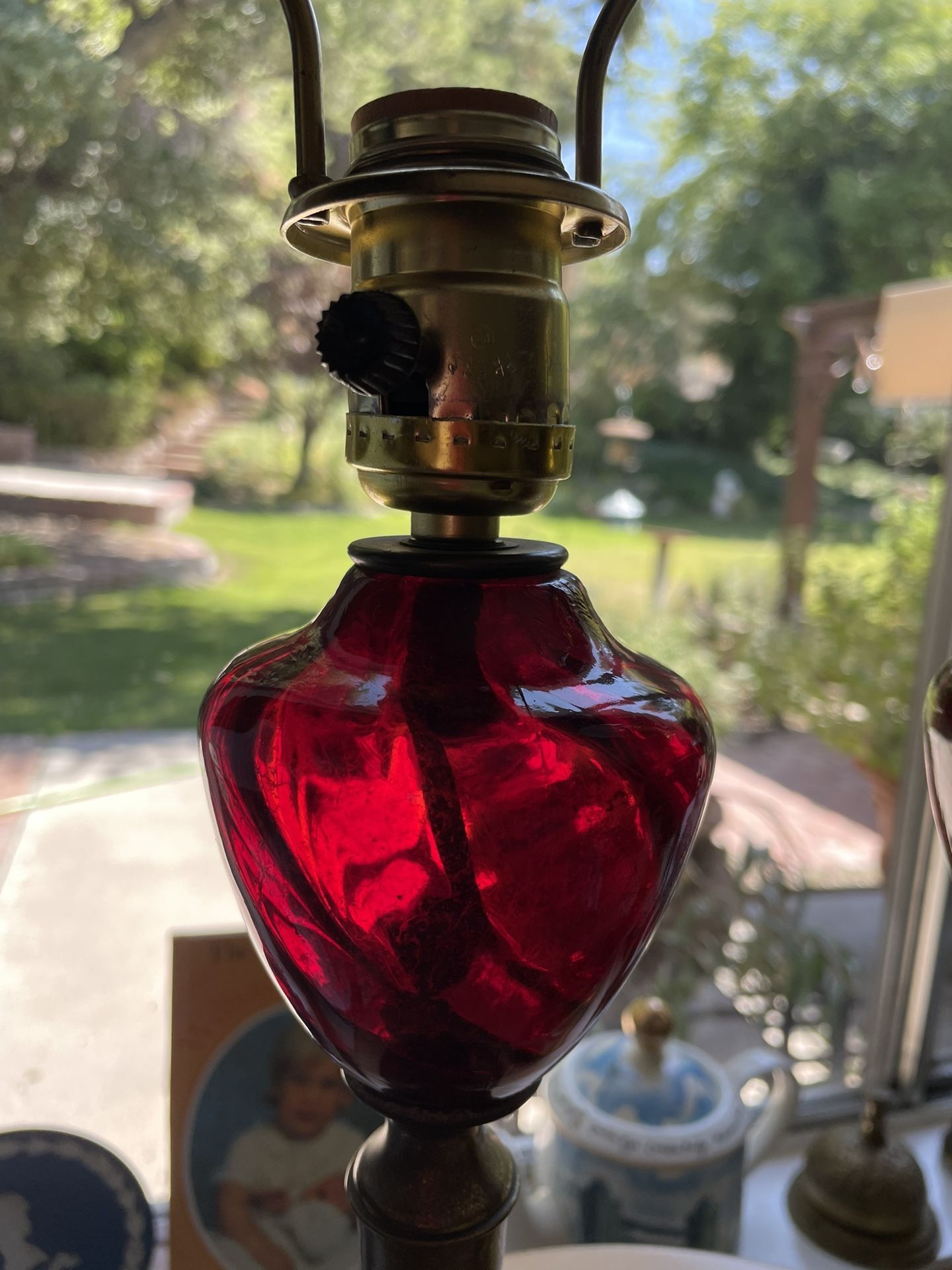 Pair MCM Vintage Red Glass Lamps - One Lights Up