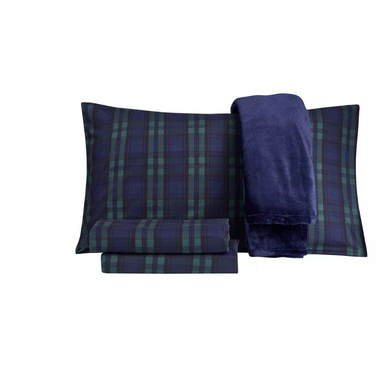 Sanders Holiday Microfiber 5 PC Full Sheet Set With Throw Bedding: Full/Navy  